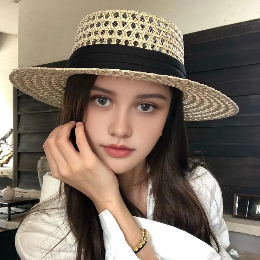 Women Straw Hat with Satin Ribbon Decor Wide Brim Sun Bonnet Breathable Flat Top Sun Hat for Summer Beach Vacation