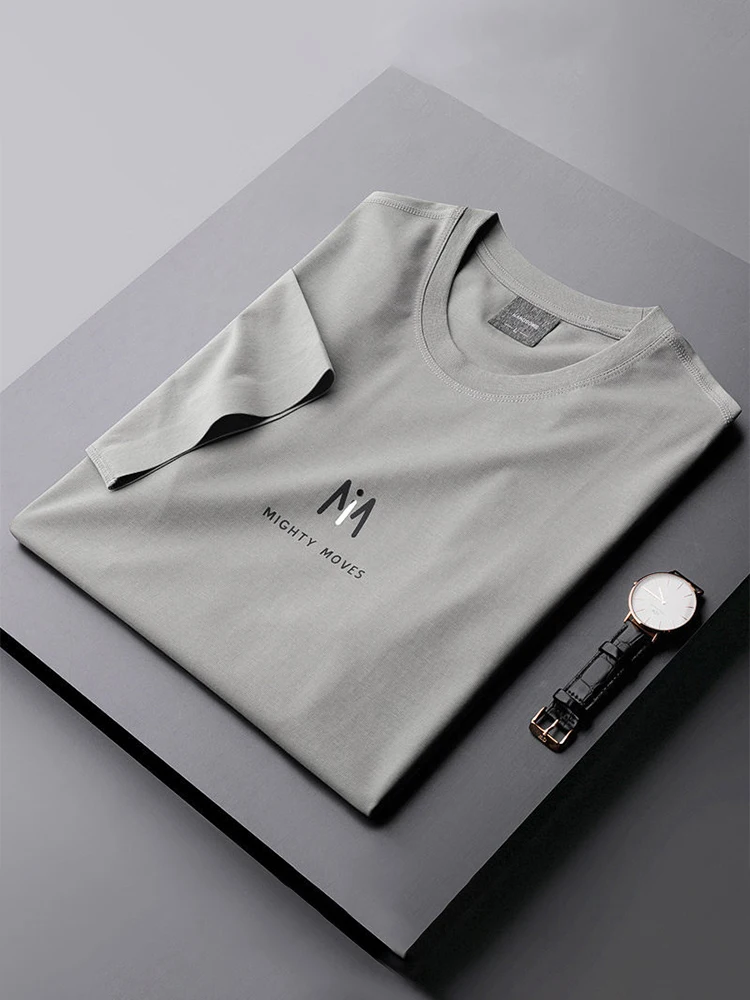 

Summer 202 Silk-Matte Cotton Ice-Silk Casual ort-Sve T-irt Men's High-End Sl round Ne f-Sve Trendy Top