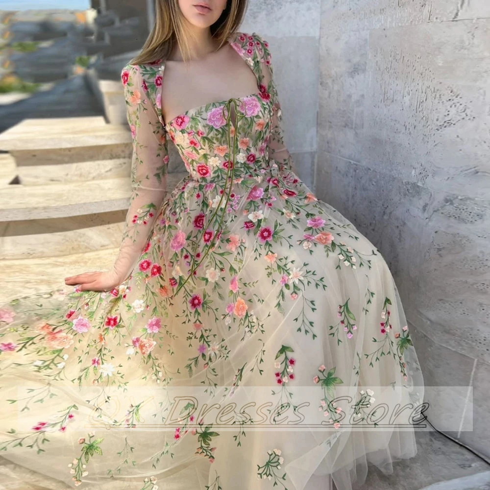 CustomizedFlower Appliques Evening Dress Strapless Detachable Shawl Sleeve Tea-length Tulle A-line Elegant Prom Gown Party Gala