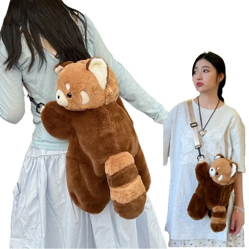 Czerwona Panda Pluszowy Plecak Śliczna Pluszowa Lalka Kobiety Crossbody Futro Miękka Torba na Ramię na Kemping Podróż Impreza Kobieta Prezent Urodzinowy