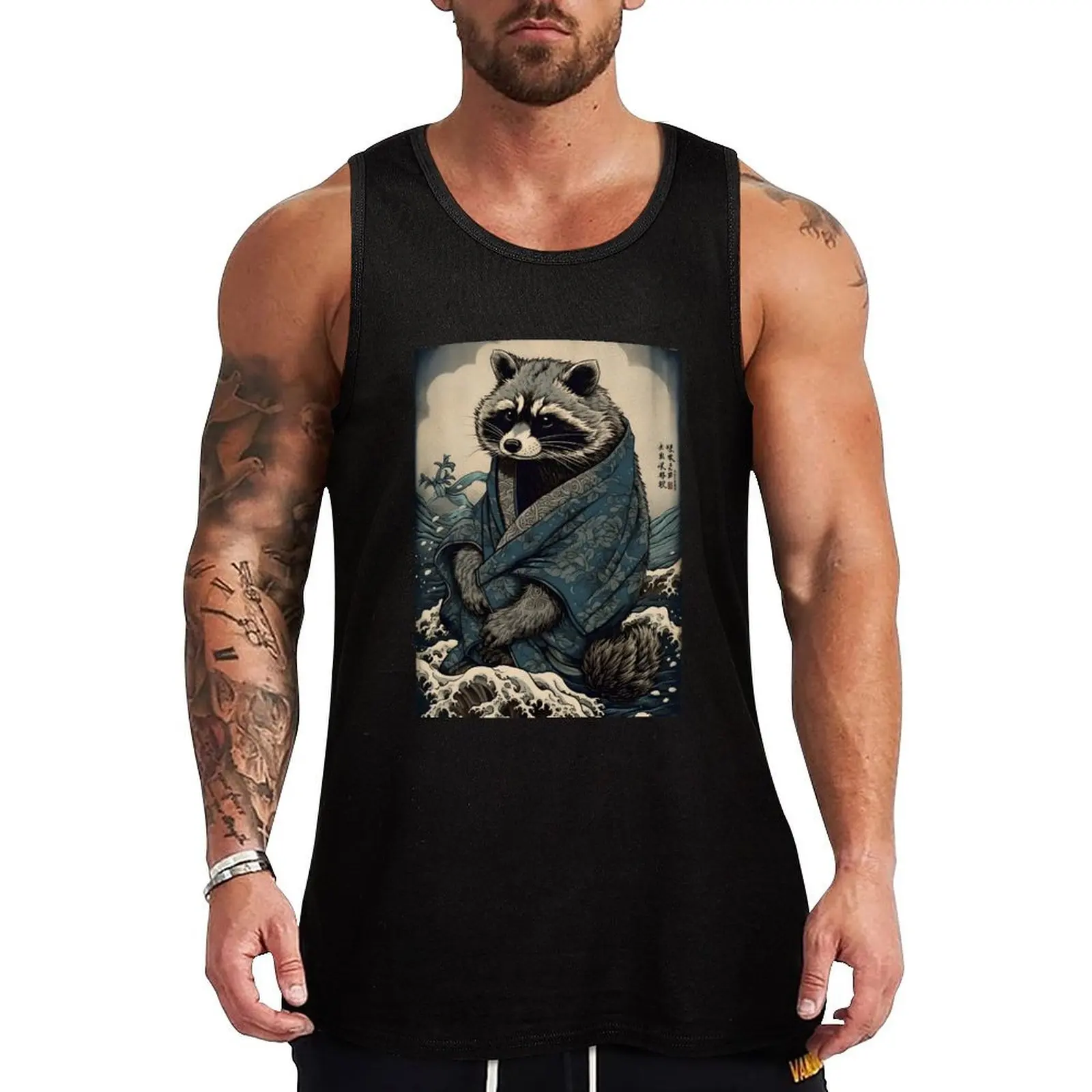 Raccoon and Waves - Traditional Japanese Ukiyoe Painting Tank Top sports suits Men's gym