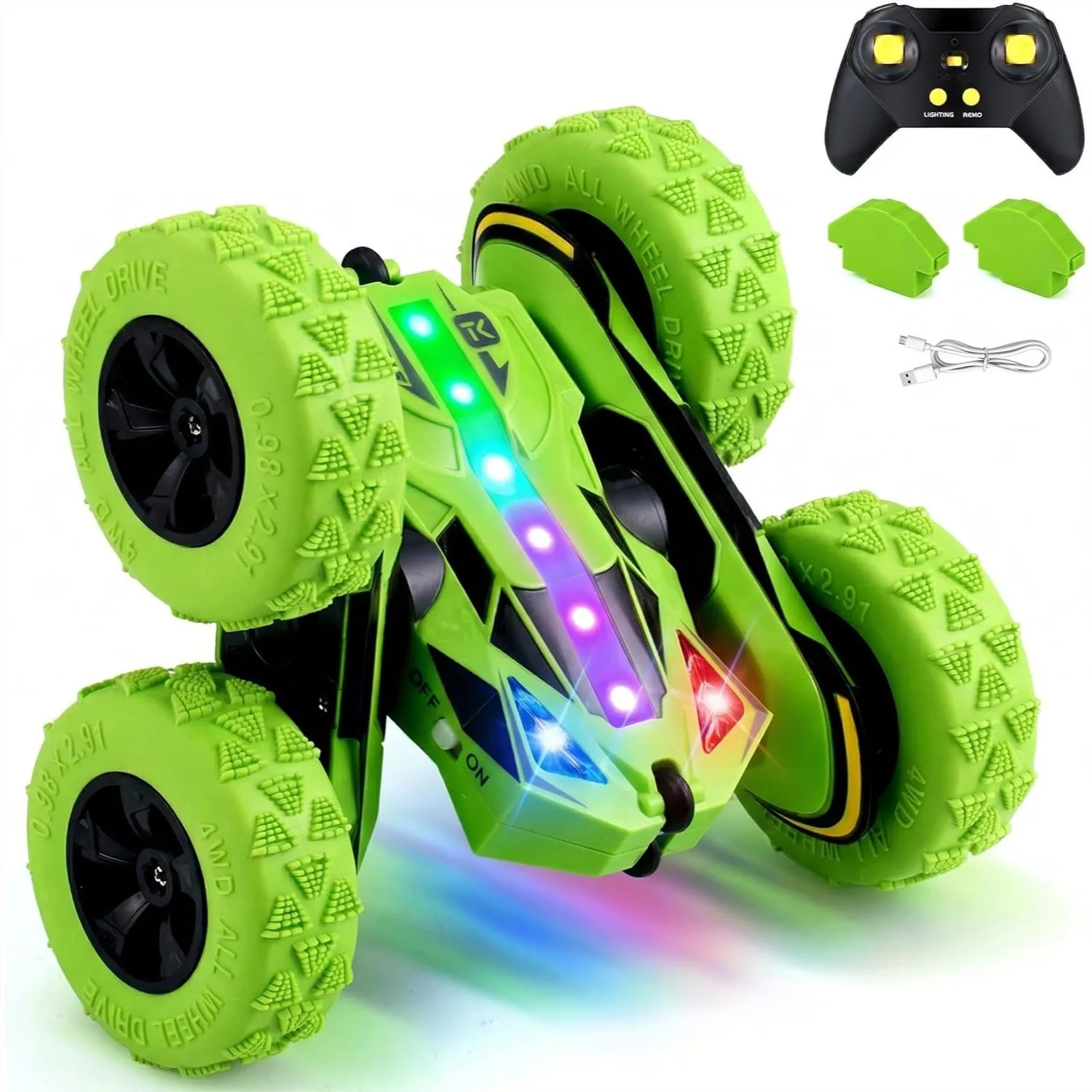

Remote Control Car for Kids Ages 6-12, USB-C Modular Batteries, 4WD Stunt with Breathing Lights and 360° Flips, Perfect Gift Toy