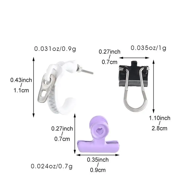 1/3Pcs Unique Small Clip Earring Colorful Dopamine Mini Office Folder Earrings Punk Zipper Ear Studs Suitable For Daily Wear