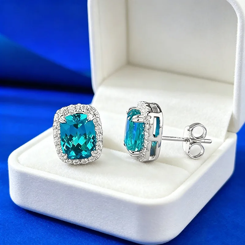 Luxurious and Exquisite 18K Real Platinum PT9506*8mm Paraiba Earrings Classic Surround Light Luxury Style