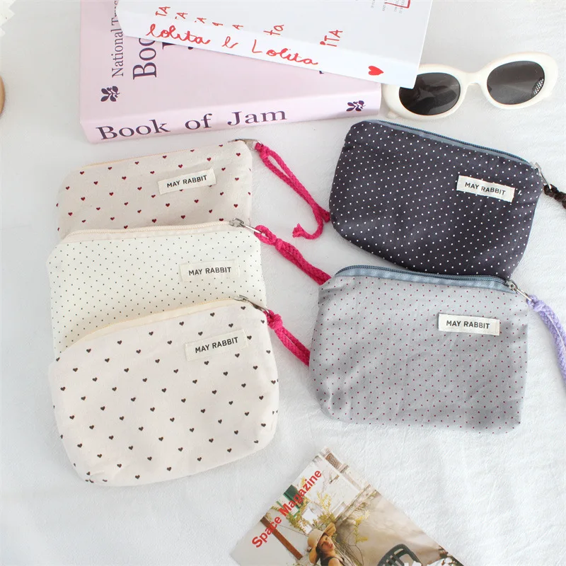 

Korean style Small and Fresh Polka Dot and Heart-shaped Canvas Coin Purse, Mini Storage Bag Simple Cloth Art Portable Coin Purse