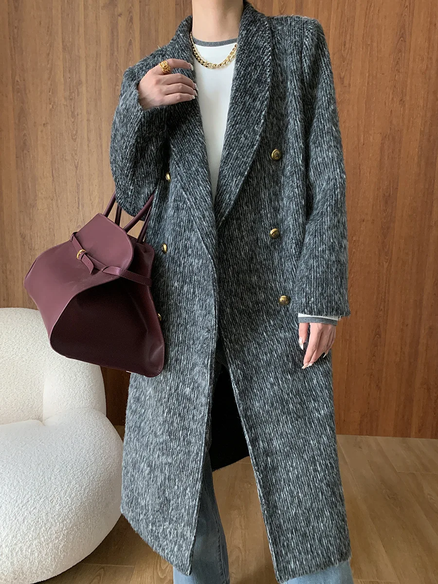 Autumn and winter women\'s casual solid color double breasted long coat