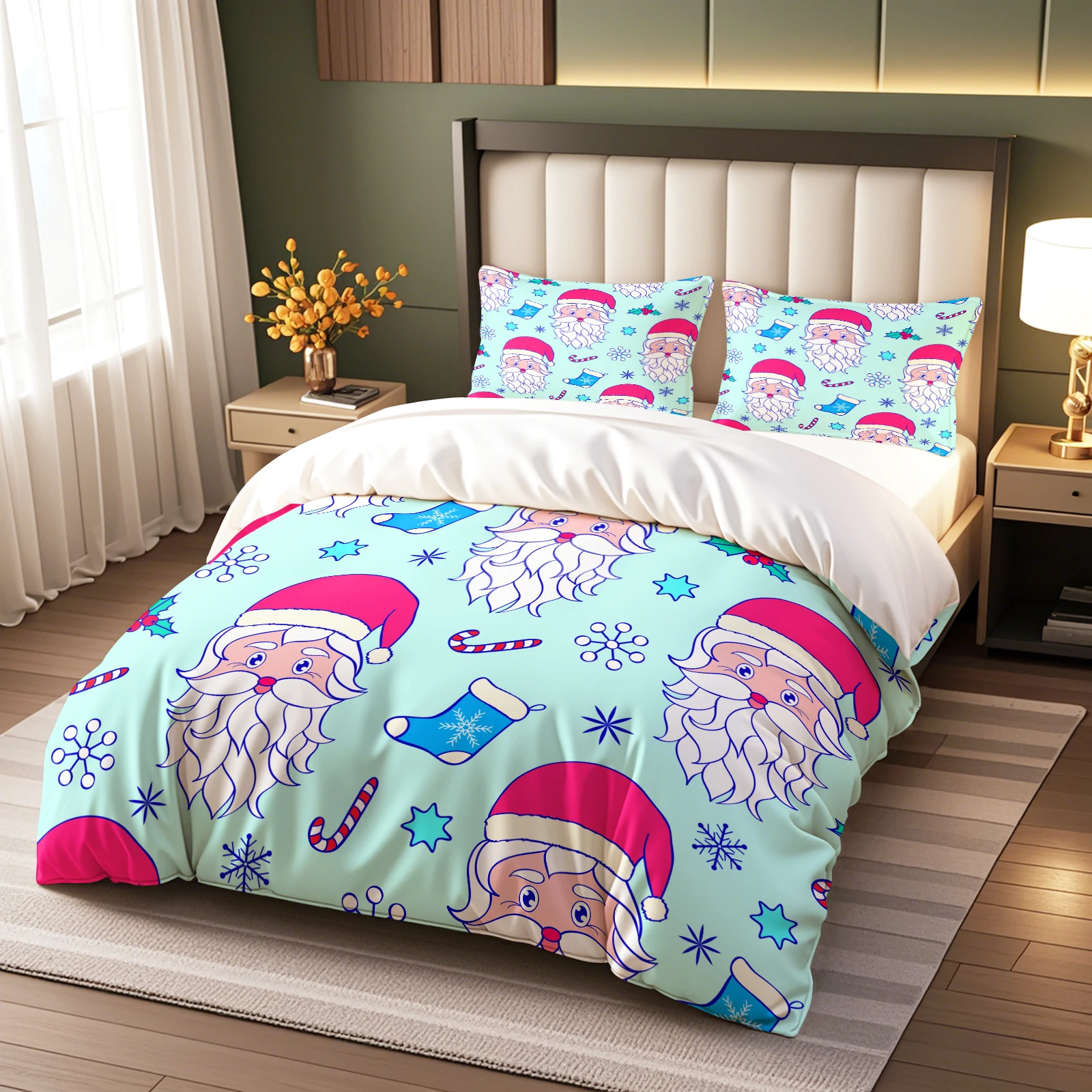 2/3Pcs Hand-drawn Santa Face Duvet Cover Set, Blue Background with Stockings & Holly, Festive Holiday Bedding, No Duvet Insert