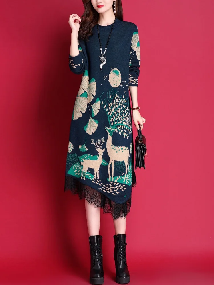 

Осень-зима, синие вязаные шерстяные пуловеры с цветочным принтом, женские роскошные шикарные кружевные свитера с рюшами, 2025 г., черные элегантные повседневные свитера