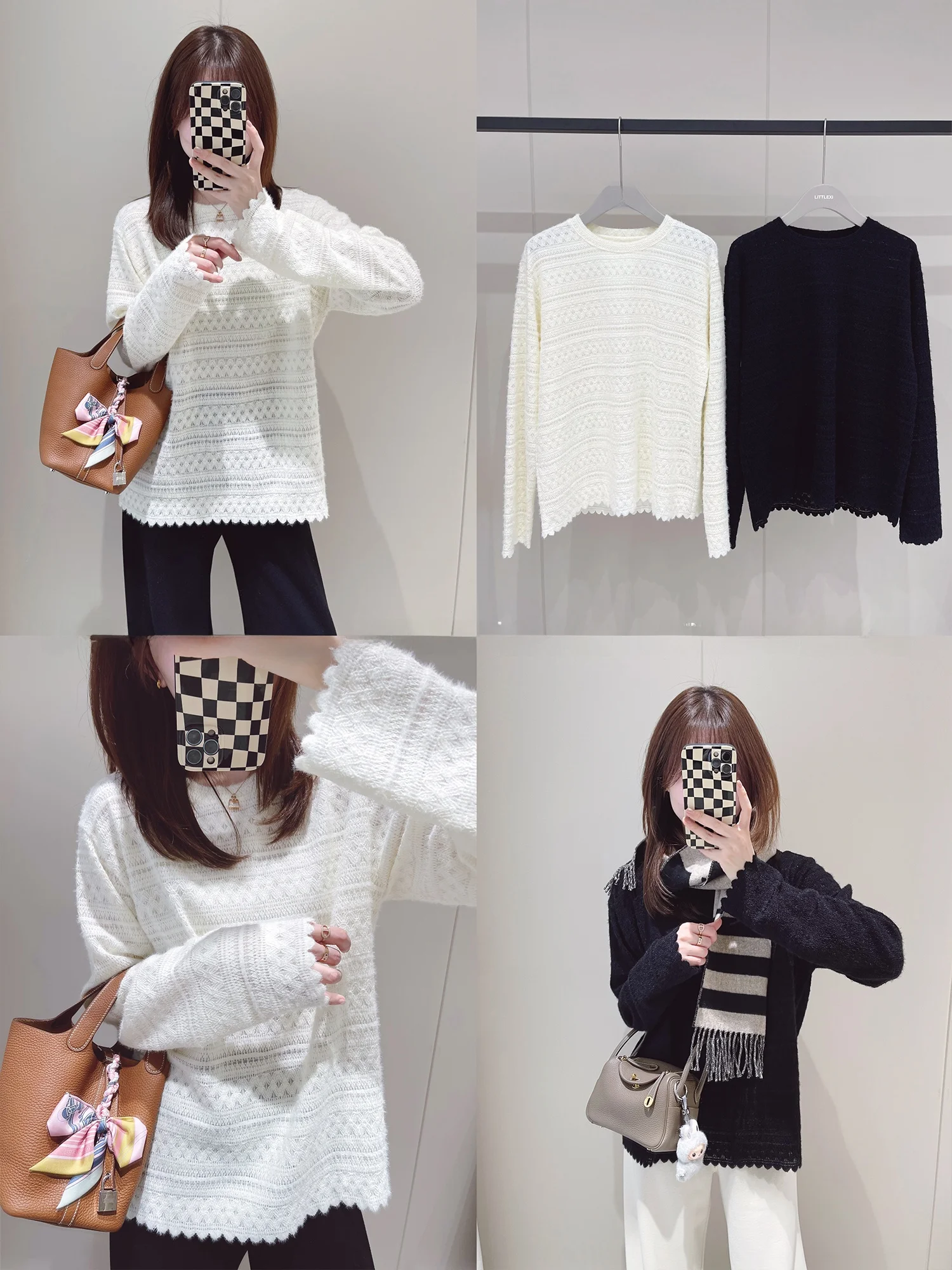 

Soft Skin-Nice Long Sve Knitted Sweater Lace Hollow out Velvet Feeling Base Layer Women's Loose Fit round Ne Pullover