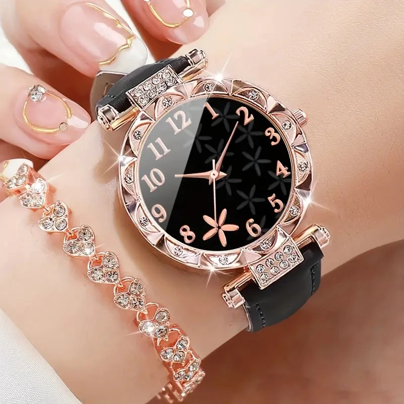 Conjunto de 2 uds de relojes para mujer, reloj de cuarzo con esfera de escala Digital y elementos de flores a la moda de lujo, adecuado para combinar con ropa diaria