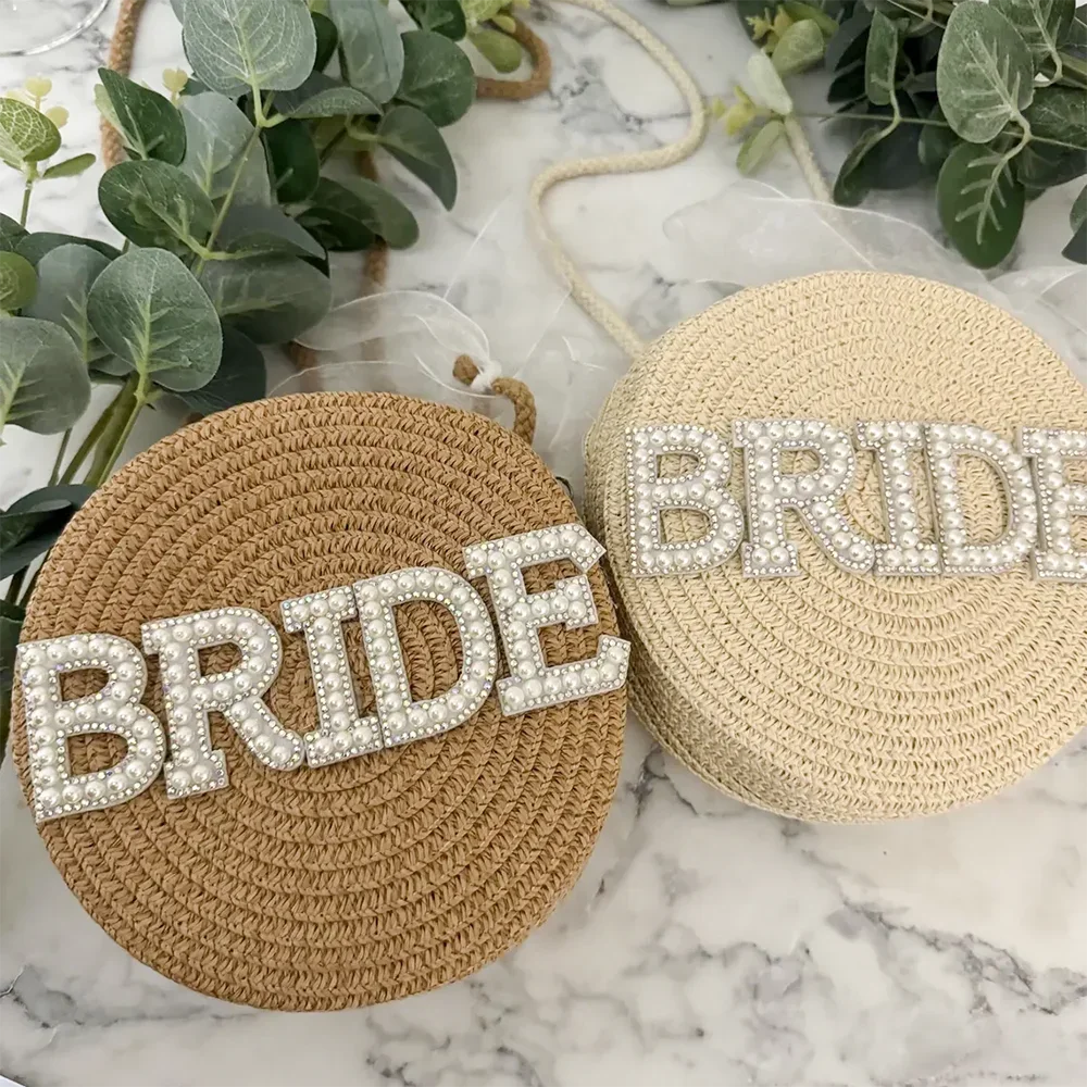 2025 BRIDE Letters Pearl Round Embellished Beach Bag Beach Gifts Engagement Supplies Bachelorette Party supplies Wedding Decor