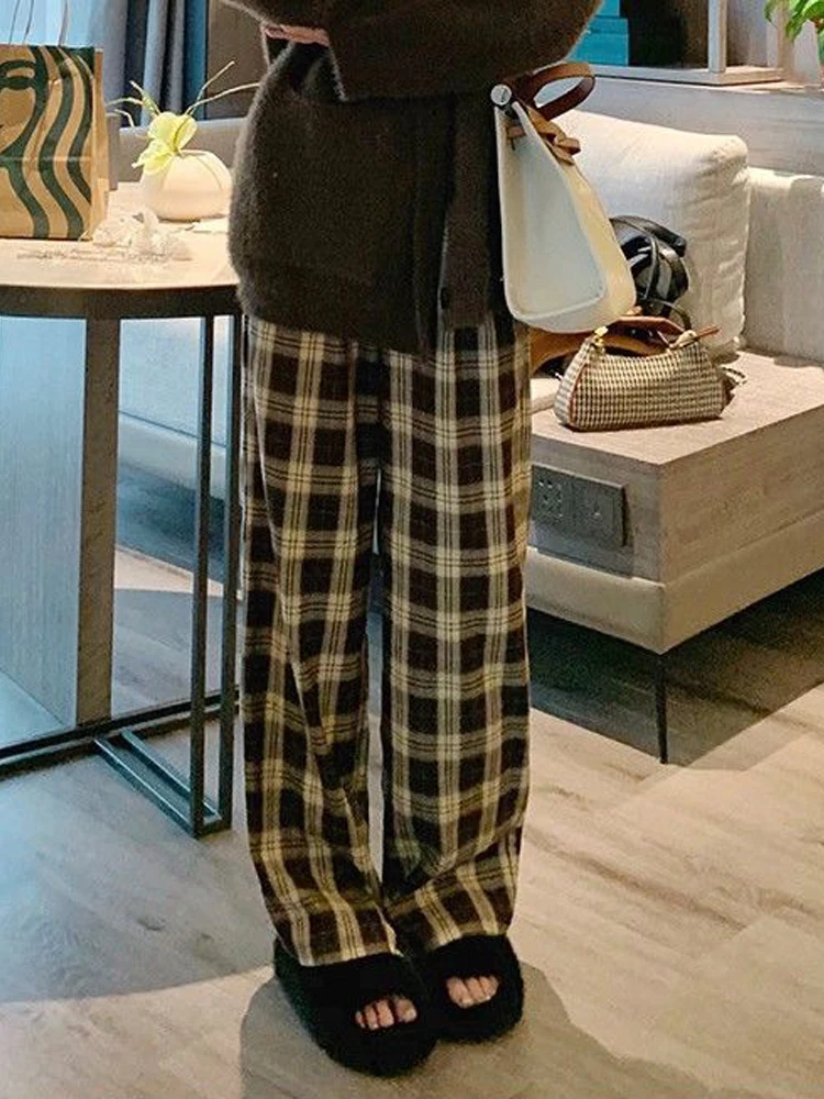 HOUZHOU Vintage Brown Plaid Pants Women Oversize Harajuku Korean Fashion Wide Leg Checked Trousers For Female Button Up Casual