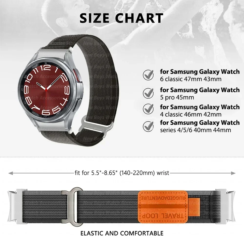 Nylon Strap for Samsung Galaxy Watch 7 44m 40mm Galaxy 6 Classic 47/43mm 5Pro 45mm Sport Quick Fit Band for Galaxy 4/5/6 44/40mm