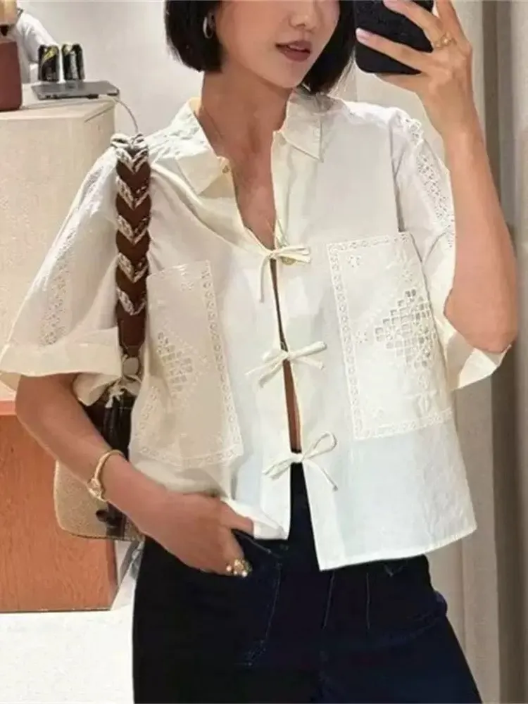 

Summer 2025 New Sle Hollow out Lace Knot Belted White Outer irt ort Pants Set Women's Faion Cotton Two-Piec...