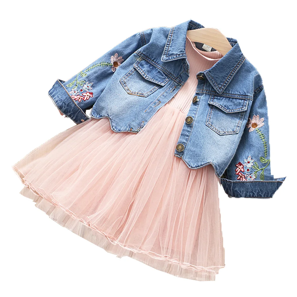 Spring Autumn Little Girls Denim Clothing Set 3pcs Children Long Sleeve Jacket and Dress Set