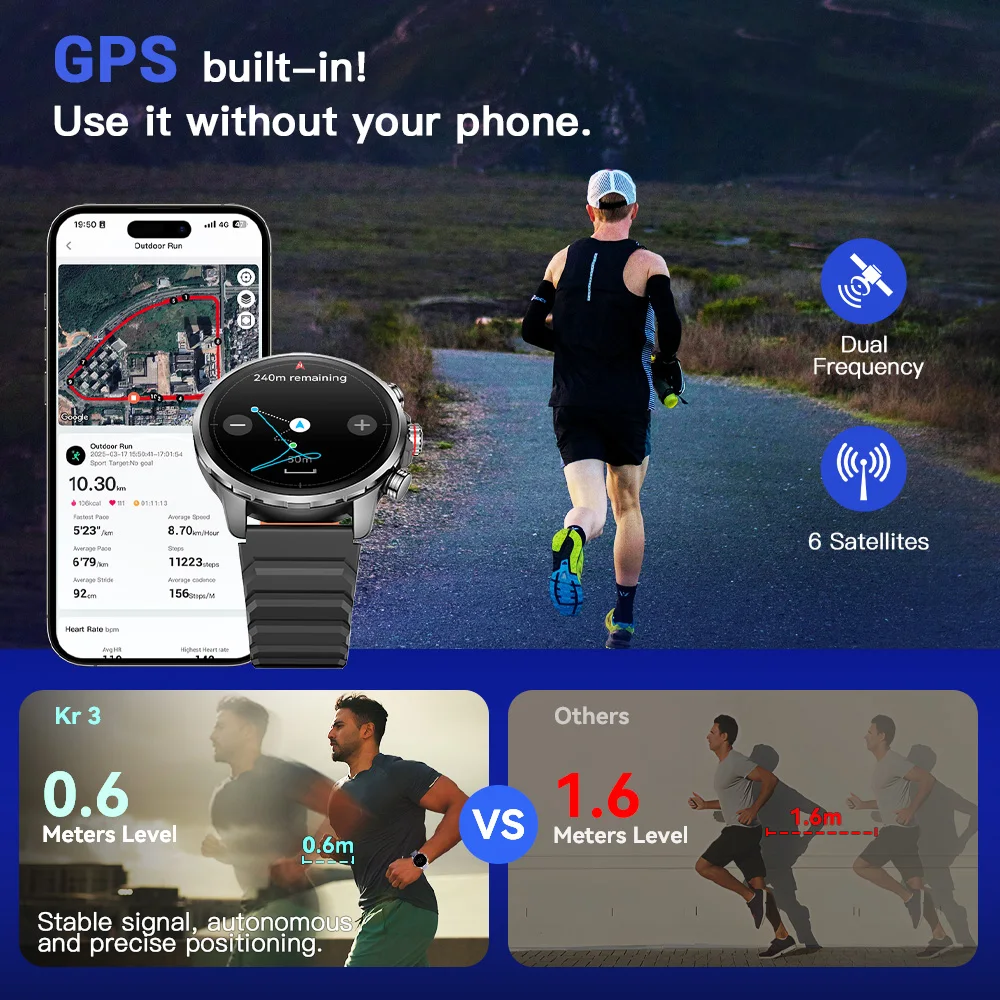 Kieslect Kr 3 Smartwatch 1.5 "FHD AMOLED عرض 5ATM مقاوم للماء GPS جهاز تعقب للياقة البدنية شاشة لمس رقمية ساعة اليد