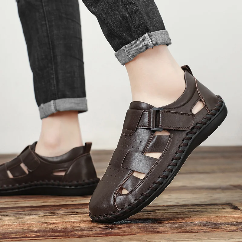 

Сандалии больших размеров, сшитые вручную, дышащая обувь, повседневные, модные и универсальные.