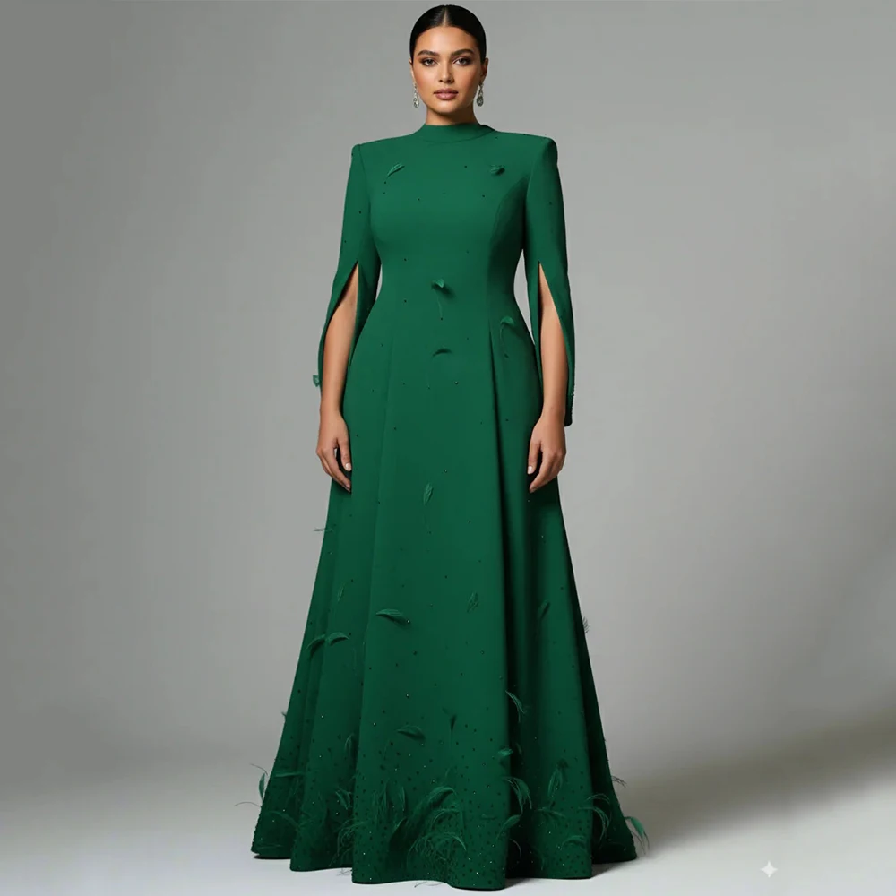 

Arya Зеленые элегантные вечерние платья из джерси для длиной до пола, платье для выпускного вечера с круглым вырезом и перьями и кристаллами, Vestidos De Fiesta по индивидуальному заказу