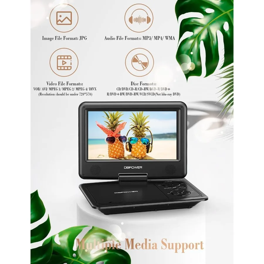 DBPOWER 11.5 Portable DVD Player 5Hour Builtin Rechargeable Battery 9 Swivel Screen Support CD DVD SD Card USB Remote Control 1