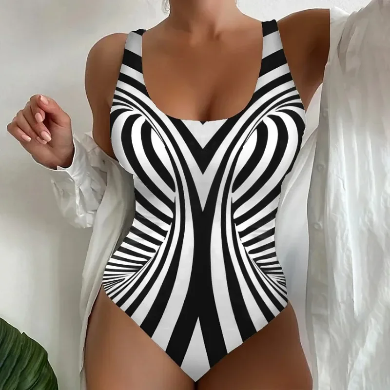 Bañador de una pieza con estampado a rayas para mujer, traje de baño acolchado con realce, Espalda descubierta, cuello en V, ropa de playa, XS-5XL