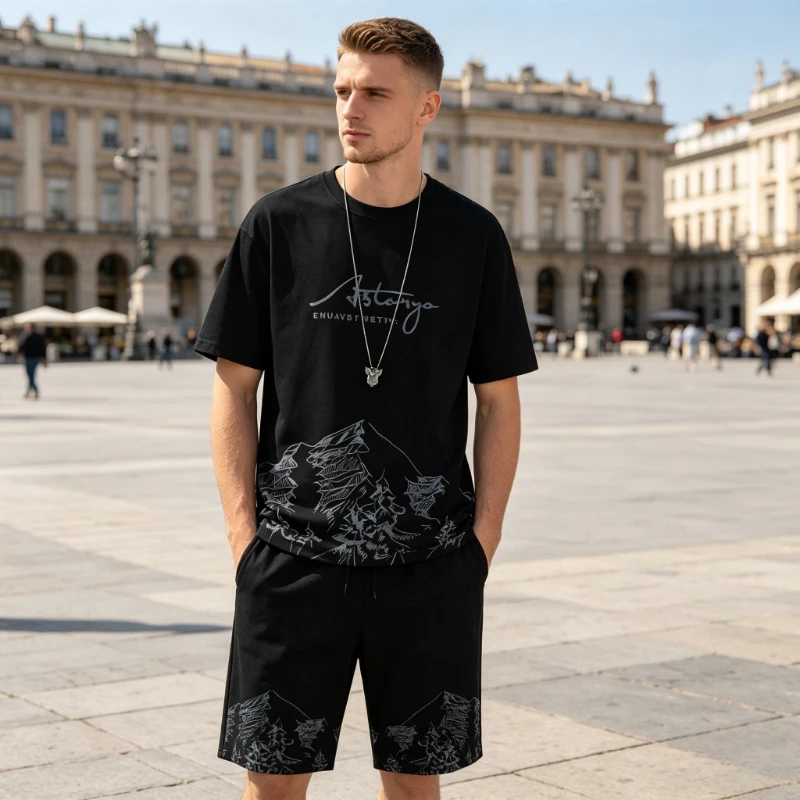 

New Summer Men's Ice Silk Printed 2 Piece Sport Set Casual Short Sleeve T-Shirt & Shorts for Jogging Basketball Fitness For Man