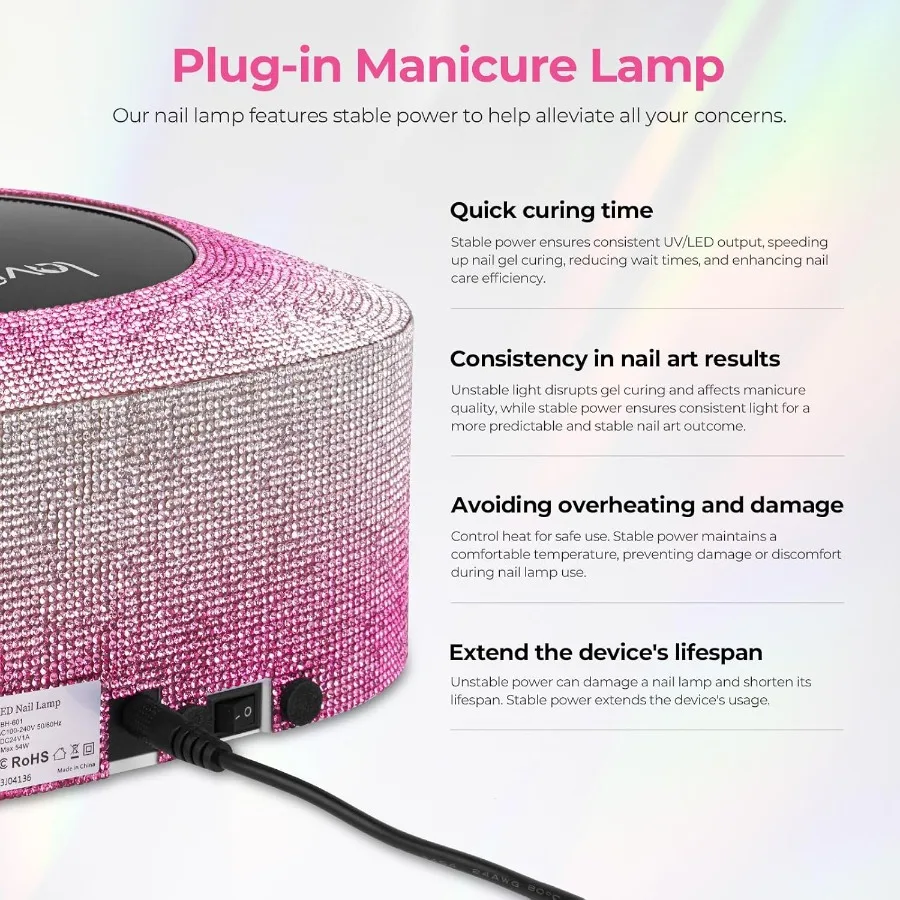 UV Nail Lamp 54W UV Light for Gel Nails with Rhinestones Plugin UV LED Nail Lamp Nail Light Fast Curing Lamp Nail Dryer for Gel