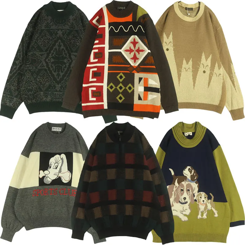 

Мужской свитер свободного кроя в винтажном стиле с вышитым мультяшным рисунком, круглый вырез, смесь полиэстера и шерсти, зимняя мода