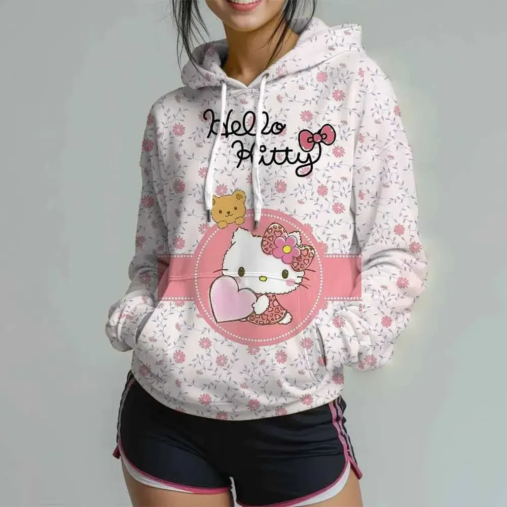 Bluza damska z kapturem Hello Kitty, wzór serca na całej powierzchni, wiosna-jesień, moda Harajuku, słodka, retro, graficzna, luźna bluza wkładana przez głowę.