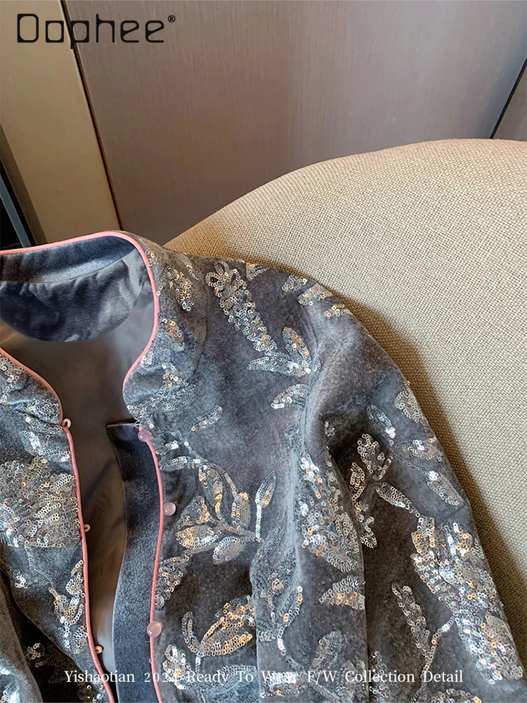 Heavy Industry Sequin Velvet Embroidered Jackets for Women 2025 Autumn New High-end Elegant Single-breasted Loose Casual Jacket
