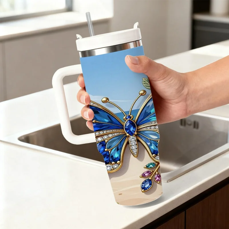 40Oz Stainless Steel Insulated Tumbler, Digital Print with Ornate Gemmed Butterfly And Scenic Beach Floral Design, Durable Reusable Drink Cup for Daily Sipping, Outdoor Trips And Office Use