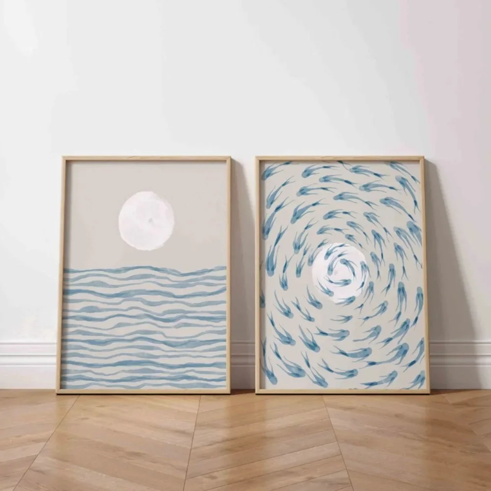 2pcs Frameless,2D Flat ,A Set of 2 Abstract Landscape Blue Ocean Sketches, Waves, Bohemian Style Home Decor, Children's Room Dec