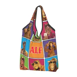 Custom Alien Life Form ALFs Meme Collage Groceries Tote Shopping Bags Fashion Sci Fi TV Show Shoulder Shopper Bags Handbags