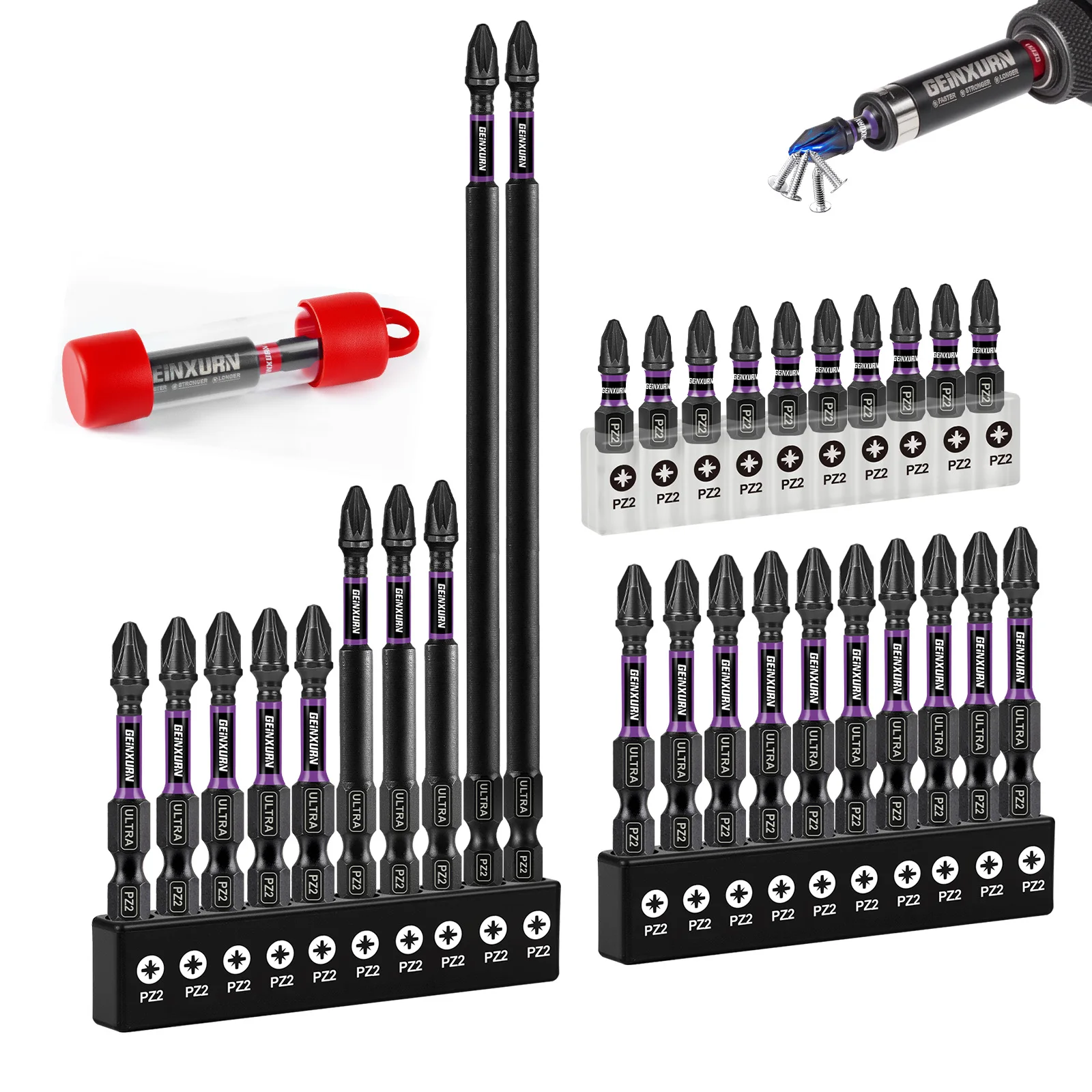 Geinxurn Screwdriver Bit Set, #2 Pozi Impact Magnetic Steel Bit with Bit Holder and Storage Organizer