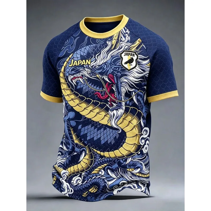 Football Jersey 3D Japanese Golden Dragon Print Unisex Blue Cloud Wave Graphic Short Sleeve Japan Fan Game Day Casual Street Tee