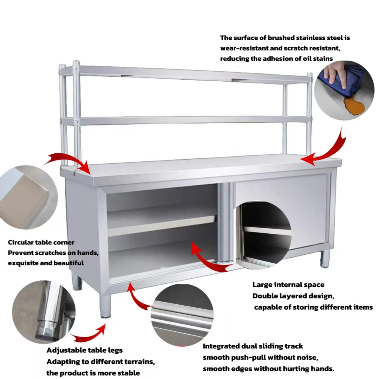 304 Commercial Stainless Steel Kitchen Workbench With Shelves Polished Finish 500kg/m Load Capacity Used In Restaurants Hotels