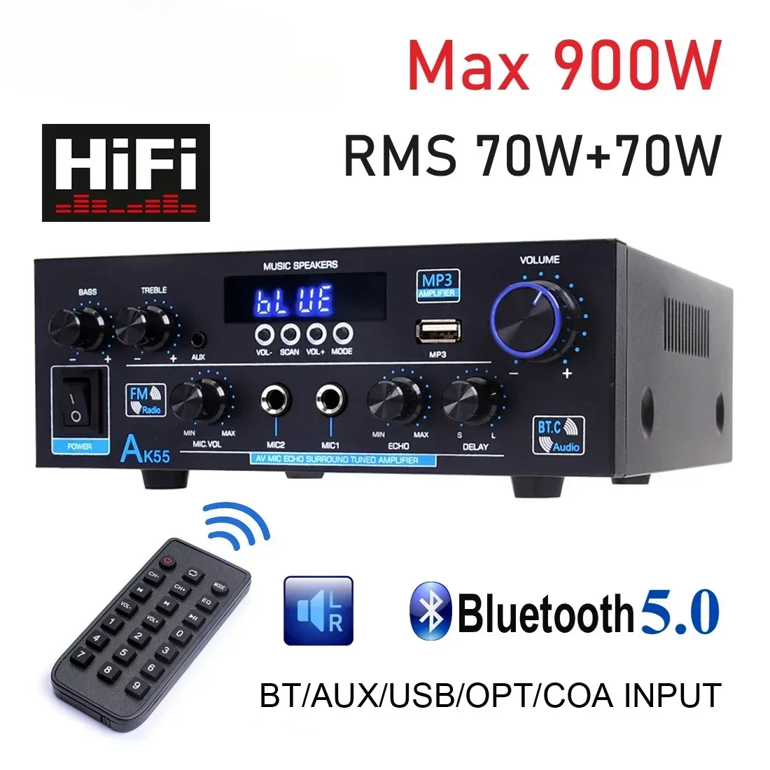 

Amplifier AK55 900W Max 2.0 Channel Rated 70W+70W Bluetooth Audio Hifi AMP Karaoke Music Player Support 110V 220V 12V