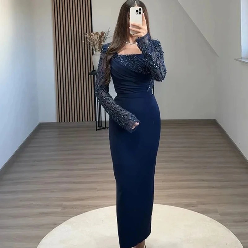 Evening Dresses Long Sleeves Square Neck Beading Pearls Ankle Length Prom Gowns High Quality Party Dress for Women Customized
