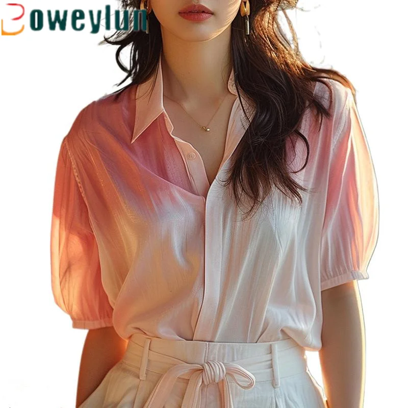 

Boweylun New Pink White Gradient Color Loose Short Sleeve Shirt Women Summer Bubble Sleeve Cardigan Top