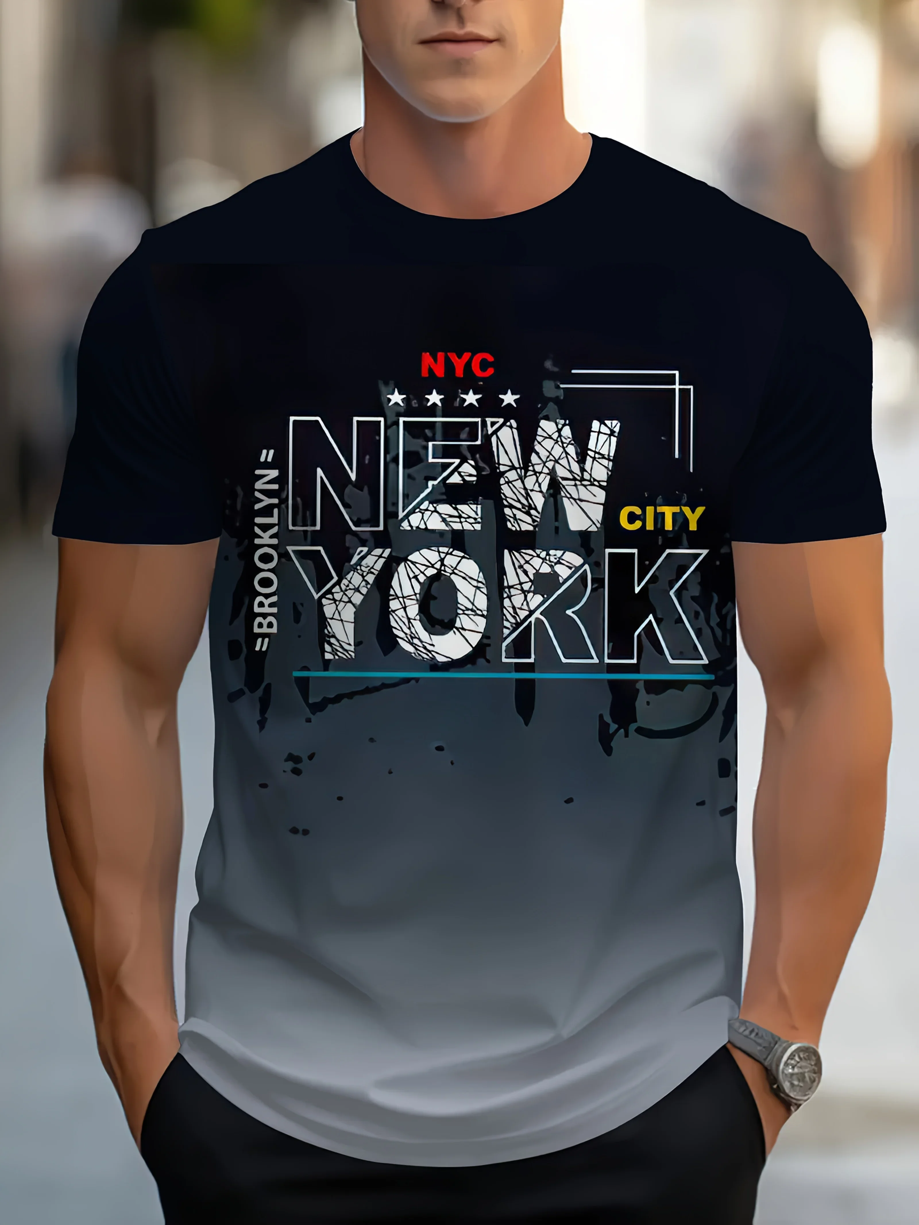 

Мужская футболка с принтом NYC Brooklyn — повседневная двухцветная конструкция из полиэстера с круглым вырезом, которую можно стирать в машине, с звездными акцентами, Нью-Йорк