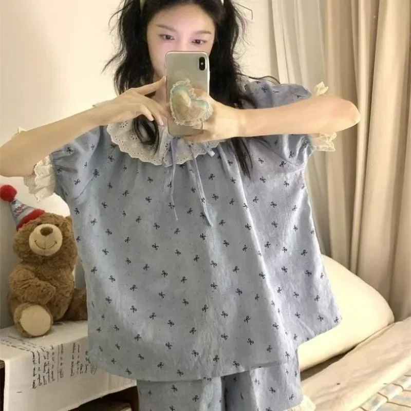 2/pce Set Women Spring Summer Casual Pajama Girl Short Sleees Pants Shorts Loungewear Lady Fashion Lace Heart Print Cloud Pajama view 4
