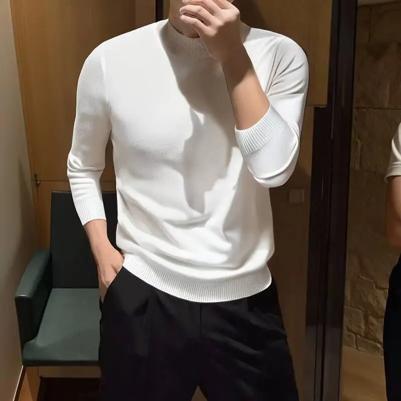 سترة Thiened Long Sve Base irt للرجال متوسطة الياقة العالية بلون نقي ملابس الخريف الدافئة سترة محبوكة من البوليستر الناعم #1
