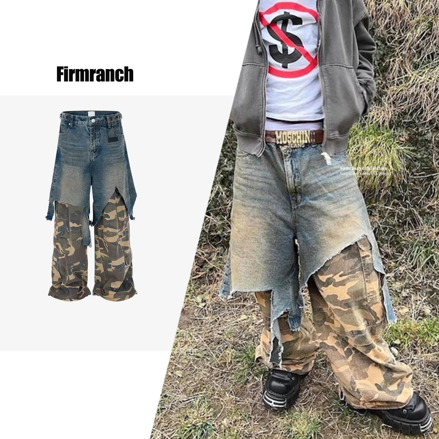 

Firmranch 2025 новые джинсы из двух предметов с камуфляжным принтом, мешковатые джинсы большого размера для мужчин и женщин, уличная одежда, джинсовые брюки-карго