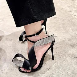 Fashion Open Toe Cross One Strap Women Sandals Bling Rhinestone Silk Sqaure Toe Thin Heels Shoes Sexy Female High Heels Sandals