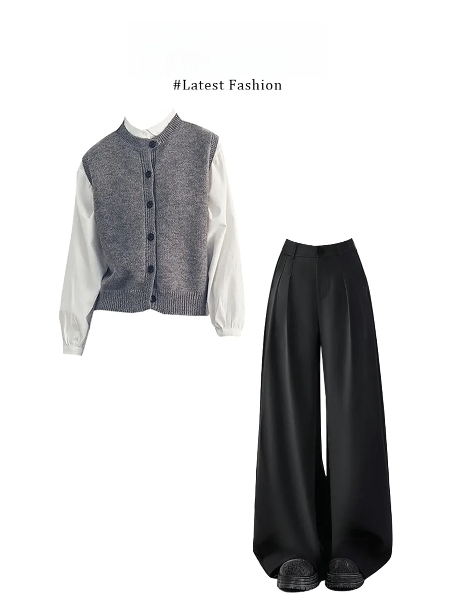 

Корейский стиль: свободный вязаный жилет в студенческом стиле, рубашка с длинным рукавом, широкие брюки, весенний комплект, женский модный ансамбль