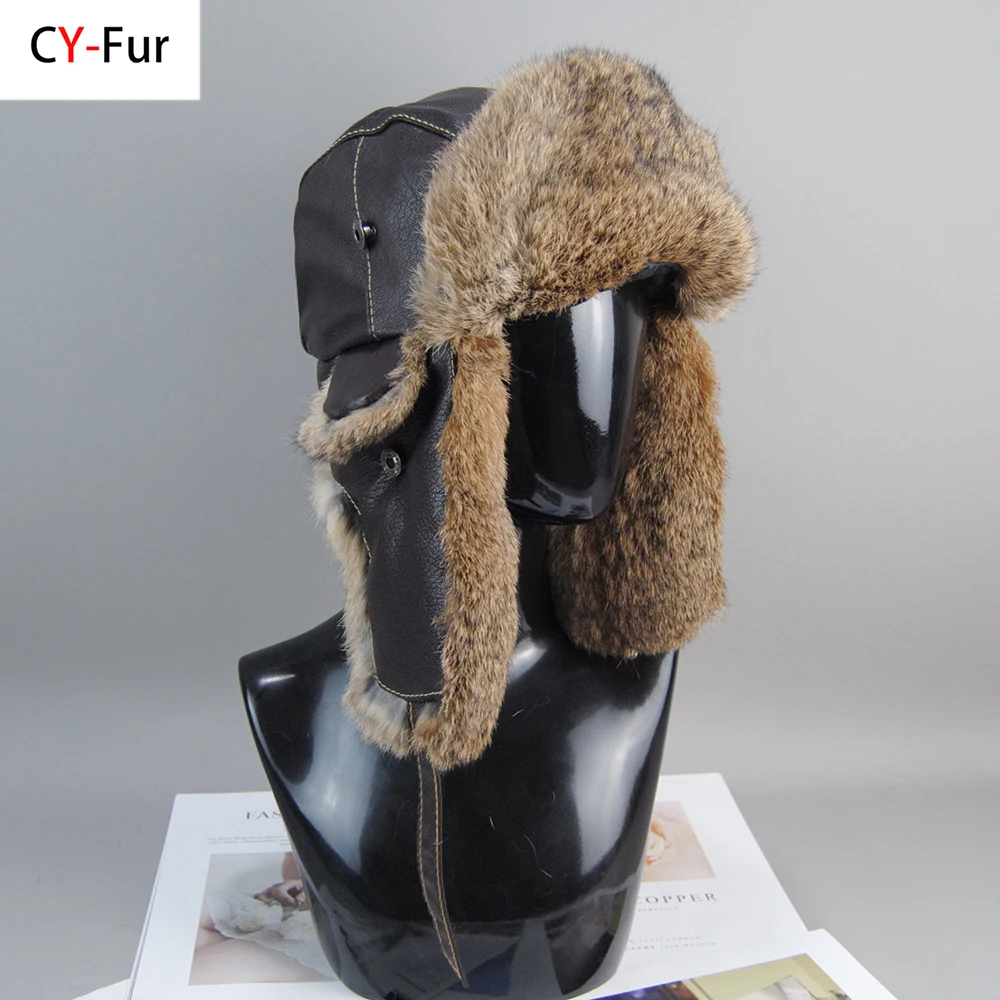 Russia Winter Hat Men 100% Natural Rabbit Fur Bomber Hats Outdoor Windproof Super Warm Genuine Real Sheepskin Leather Rabbit Cap