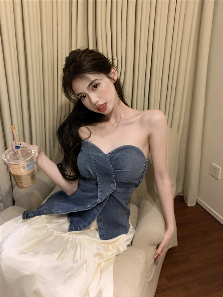 

Blue Denim Slim Waist Button Irregular Tanks Vintage Tops Sexy Tube Skinny Women Backless Shoulder Strapless Camis