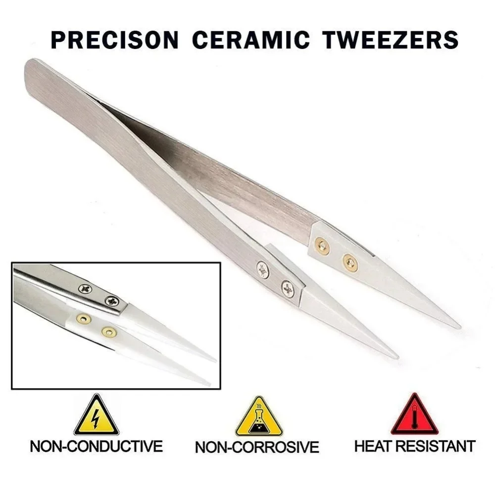 1200° Ceramic Tipped Stainless Steel Tweezers Tips Heat Pointed Resistant Tweezer Electronic Soldering Tweezers Fine Pointed Tip