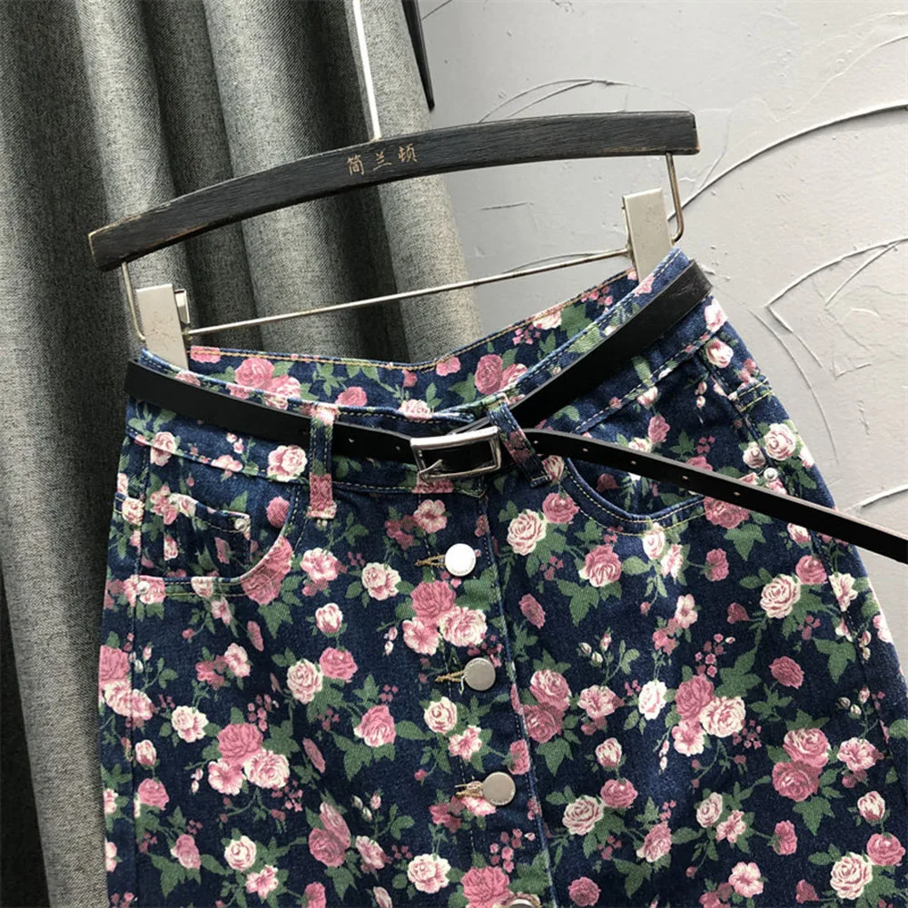 Hot Selling New Floral Pattern Denim Skirt Fashion A Line Midi Skirt Casual Summer High Waist Mid Length Half Dresses For Women