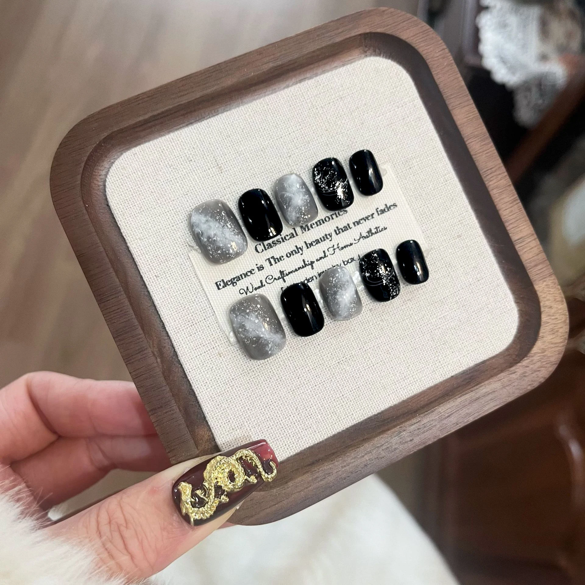 10Pcs/Set Press On Acyrlic Ice Cat's Eye Handmade Fake Nails Short/Medium Almond Marble Gradient Decor Nude French Nails