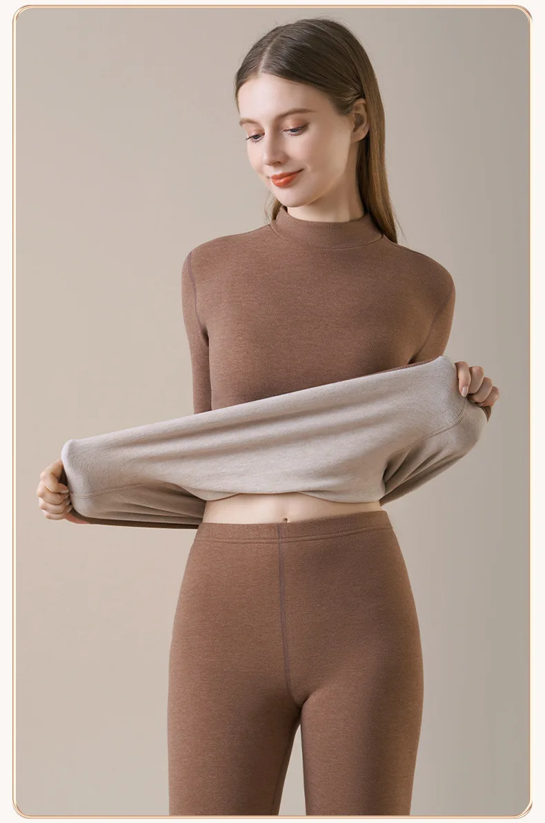 Damen-Thermo-Unterwäsche aus Kaschmirseide, Thermoshirts, warme Hosen, verdickte, einfarbige, halbrollkragenartige Oberteile, langärmlige Winterkleidung. – Detail 24